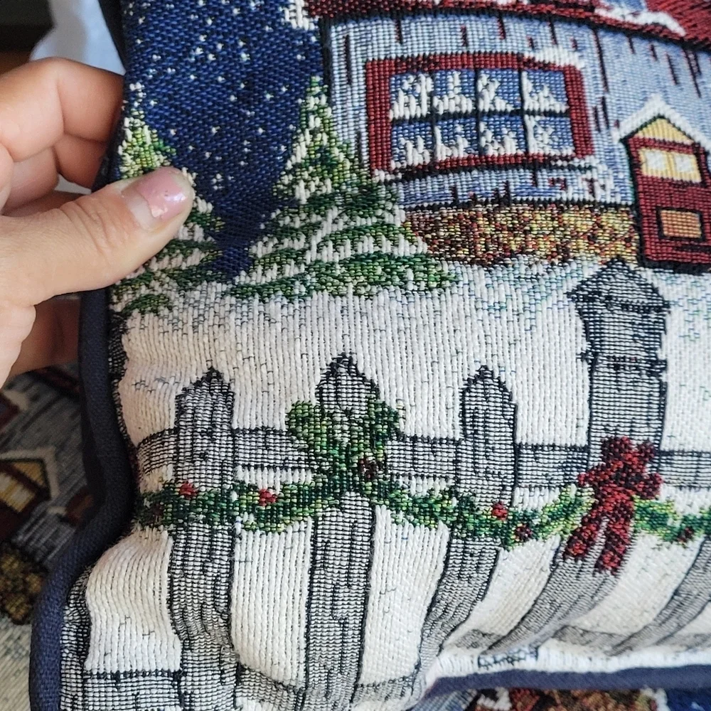 Two Christmas-Themed Tapestry Pillows Snowy Landscape Rectangle Blue Houses VTG